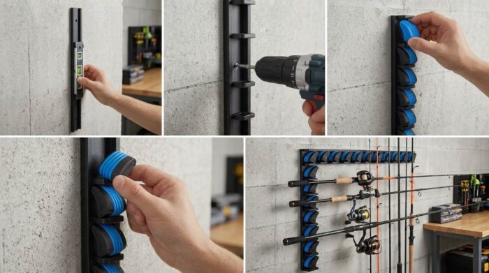 Plusinno V9 rod holder brackets mounted horizontally overhead on exposed garage ceiling joists.