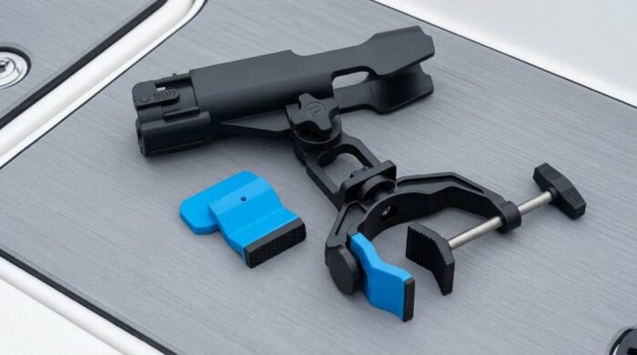 Plusinno boat rod holder clamped securely to round bow railing of aluminum fishing boat.