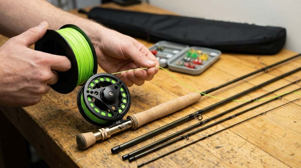 Plusinno fly fishing combo packed neatly inside heavy-duty green cordura travel case.