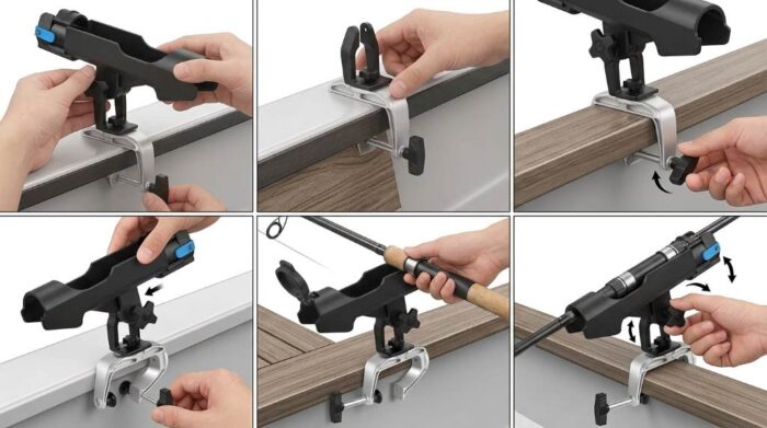 Plusinno rod holder brackets mounted horizontally overhead on exposed garage ceiling joists.