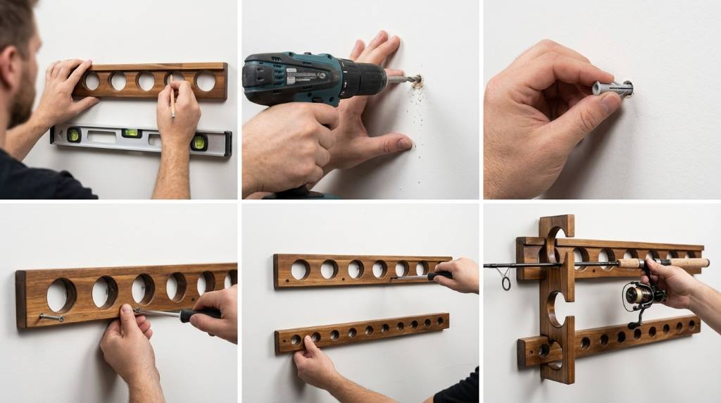 Six fishing rods resting horizontally in soft EVA foam grips of wall-mounted Ghosthorn rack.