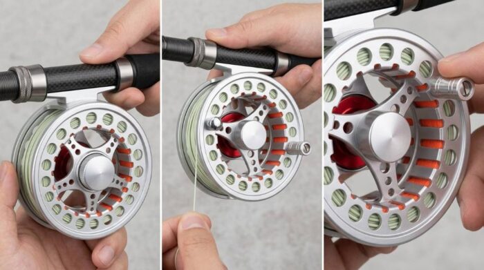 Spooling braided Dacron backing onto large arbor fly reel in workshop.