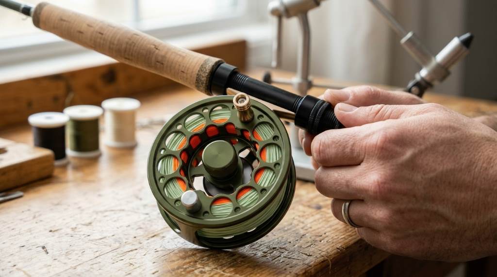 Spooling braided Dacron backing onto skeletonized fly reel arbor in workshop.