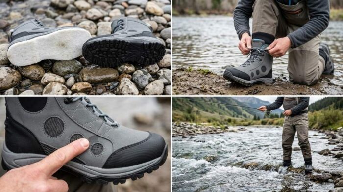 Water draining freely from midsole drainage ports on modern synthetic wading shoe.